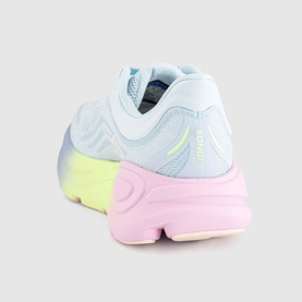 Hoka trainer in Glimmering Blue Overcast with pink and yellow ombre chunky sole, mesh upper, rear three-quarter view