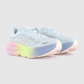 Hoka trainers in Glimmering Blue Overcast with rainbow-gradient midsole, mesh upper, and cushioned sole
