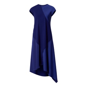Helen McAlinden ink blue asymmetric midi dress with cap sleeves, V-neckline, and high-low hemline