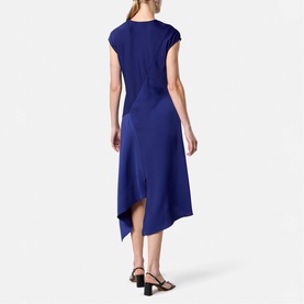 Model wearing Helen McAlinden ink blue midi dress with asymmetric hem and cap sleeves, shown from behind, styled with black heeled sandals.