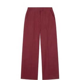Whistles red wide-leg tailored trousers with high waist, front pleats, and side pockets, flat lay view.