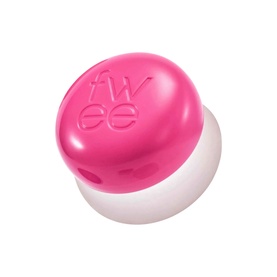 Fwee Lip & Cheek balm in hot pink, compact dome shape with embossed logo on white base