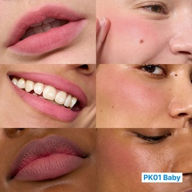 Fwee Lip & Cheek in shade PK01 Baby shown across five close-up swatches on diverse skin tones, lips and cheeks