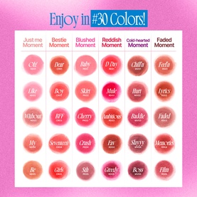 Fwee Lip & Cheek blush colour shade range chart showing 30 shades across pink, coral, red and nude tones