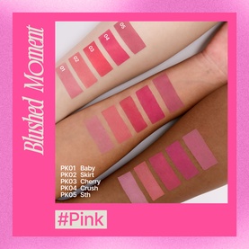 Fwee Blushed Moment Lip & Cheek swatches in five shades: Baby, Skirt, Cherry, Crush and Sth, shown on three skin tones