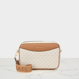 MMK Vanilla and Acorn crossbody bag, coated canvas with logo print, tan leather trim, gold-tone hardware, and branded logo strap