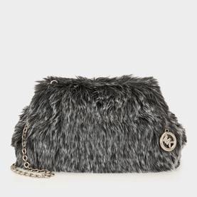 MMK black faux fur clutch bag with gold-tone chain strap and logo charm pendant