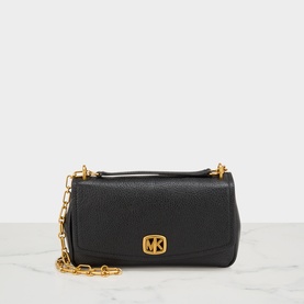 MMK black leather crossbody bag with gold chain strap and MK logo clasp closure