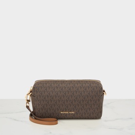Michael Kors brown monogram coated canvas crossbody bag with acorn tan trim, gold-tone hardware, and detachable wrist strap