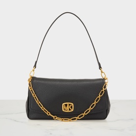 MMK black leather crossbody bag with gold-tone chain strap and MK logo clasp closure