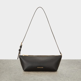 MMK black leather shoulder bag with gold-tone branding, zip top closure, and slim adjustable crossbody strap