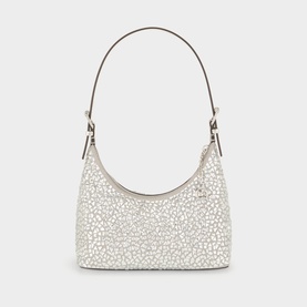 MMK nickel shoulder bag with allover crackle texture, silver-tone hardware, and single top handle, no model