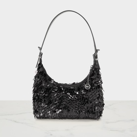 MMK black sequin shoulder bag with floral embellishment, single adjustable strap and silver-tone hardware logo charm