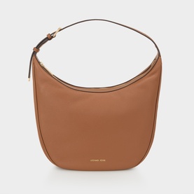MMK top handle bag in luggage tan smooth leather with gold-tone zip pull and single shoulder strap