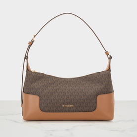 MMK brown monogram top handle bag with tan leather trim, gold-tone logo lettering, and single shoulder strap