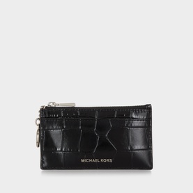 Michael Kors black croc-embossed leather card wallet with zip top and silver-tone hardware