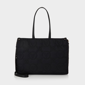 Mario Valentino Nero tote bag in black quilted fabric with tone-on-tone pattern, twin top handles, detachable shoulder strap, silver-tone zip