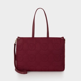 Mario Valentino bordeaux tote bag with embossed monogram pattern, gold-tone hardware, twin top handles and detachable crossbody strap
