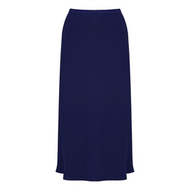 Helen McAlinden ink blue midi skirt with elasticated waistband and flared hem, flat lay product shot