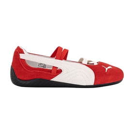 Puma red and white suede ballet flat with mary-jane strap, Puma logo detail, and black rubber sole