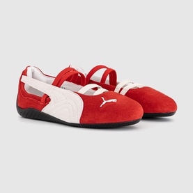 Puma red and white suede mary jane ballet flats with logo detail, elastic strap, and black rubber sole