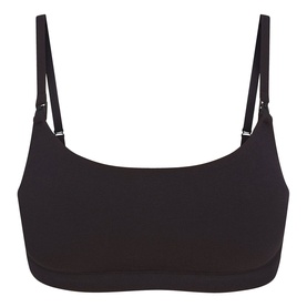 Skims black bralette with adjustable straps, square neckline and elasticated underband, flat lay product shot