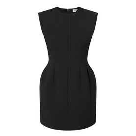 The Frankie Shop black sleeveless mini dress with structured tulip skirt, crew neckline, and concealed back zip