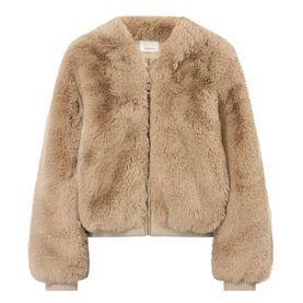 The Frankie Shop light taupe faux fur zip-up bomber jacket with long sleeves and ribbed collar
