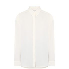 The Frankie Shop ivory long-sleeve shirt with concealed button placket, pointed collar, and single-button cuffs