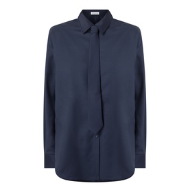 The Frankie Shop navy shirt with point collar, front tie detail, and long sleeves in polyester-wool blend