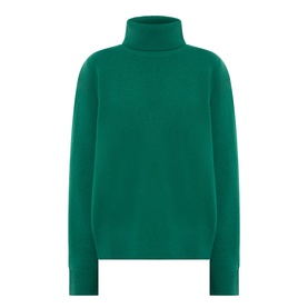 The Frankie Shop forest green turtleneck jumper in alpaca and wool blend, long sleeves, relaxed fit, ghost mannequin shot