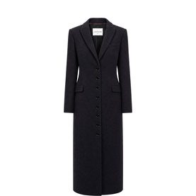 The Landskein black longline single-breasted coat with notch lapels, button front, and flap pockets