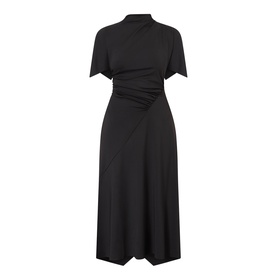 Victoria Beckham black midi dress with mock neck, short flutter sleeves, and gathered ruched waist detail in stretch fabric