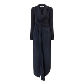 Victoria Beckham Lea Gathered Wrap Dress in navy, draped V-neckline, long sleeves, wrap front, gathered side, asymmetric midi hem, subtle sheen