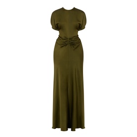 Victoria Beckham Dark Green gown with ruched waist detail, puff sleeves, and a flowing bias-cut skirt in satin-finish fabric
