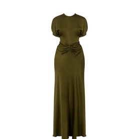 Victoria Beckham Dark Green gown with ruched waist detail, puff sleeves, and a flowing bias-cut skirt in satin-finish fabric