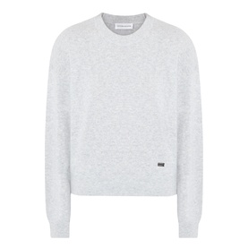 Victoria Beckham Grey Marl merino wool and cashmere crew-neck sweater with small logo tab at hem