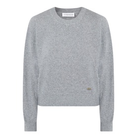 Victoria Beckham Mid Grey Marl merino wool cashmere crew neck sweater with gold logo tab detail, cropped relaxed fit