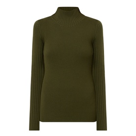 Victoria Beckham Logo Rib-Knit Turtleneck Sweater in dark green with high neck, long narrow sleeves and rib-knit construction