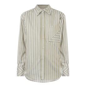 Victoria Beckham Patch Pocket Striped Shirt in khaki and white stripe, point collar, chest patch pocket, long sleeves, curved hem