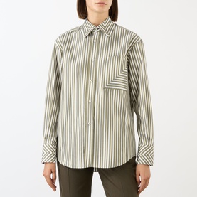 Model wearing Victoria Beckham Patch Pocket Striped Shirt in khaki and white stripe, with point collar, long sleeves and chest patch pocket.