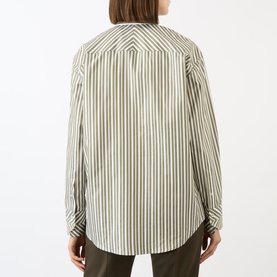 Model wearing Victoria Beckham Patch Pocket Striped Shirt in khaki and white stripe, long sleeves, buttoned cuffs, back view