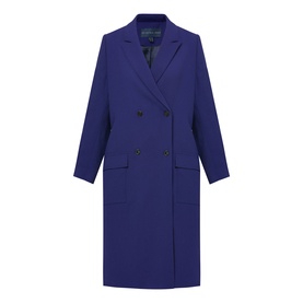 Helen McAlinden ink blue double-breasted longline coat with notch lapels and patch pockets