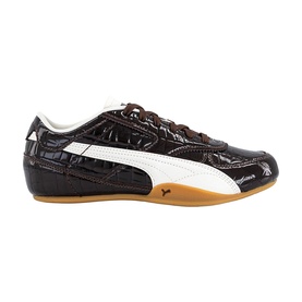 Puma dark brown croc-embossed patent leather trainer with white stripe detail and gum sole