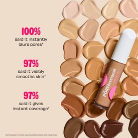 Benefit Porefessional Concealer in shade 1C Ready shown with multiple foundation swatches in various skin tones and efficacy statistics