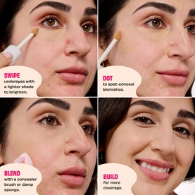 Benefit Porefessional Concealer in 1C Ready shown in four-step tutorial: swipe, dot, blend, and build application techniques on model's skin