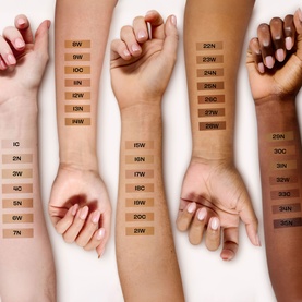 Benefit Porefessional Concealer shade swatches across multiple skin tones on forearms, showing full shade range from fair to deep