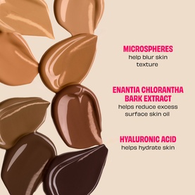 Benefit Porefessional Concealer shade swatches in warm tones highlighting microspheres, Enantia Chlorantha bark extract, and hyaluronic acid benefits