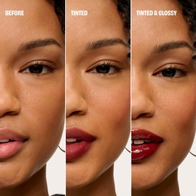 Benefit Benetint Pocket Pal in Original Rose shown in three stages: bare lips, tinted, and tinted with glossy finish on model