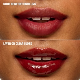 Benefit Benetint Pocket Pal in Original Rose shown in two lip swatches: tint alone and layered with clear gloss for a glossy finish